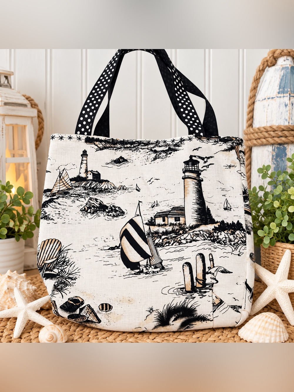 ⚓ Vintage Norma’s of N.Y. Nautical Lighthouse Toile Tote Bag